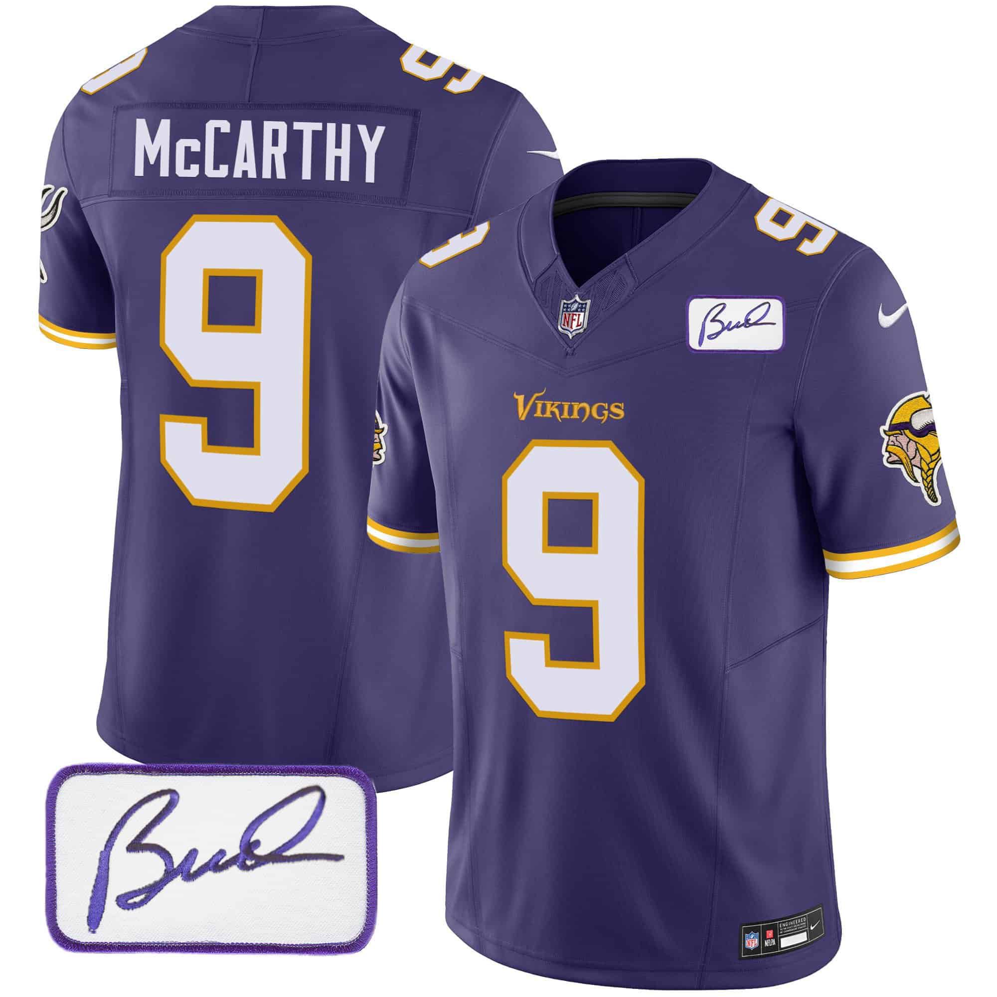 Men Minnesota Vikings 9 Mccarthy Purple 2024 Nike Bud Grant Patch Classic Limited NFL Jersey style 1